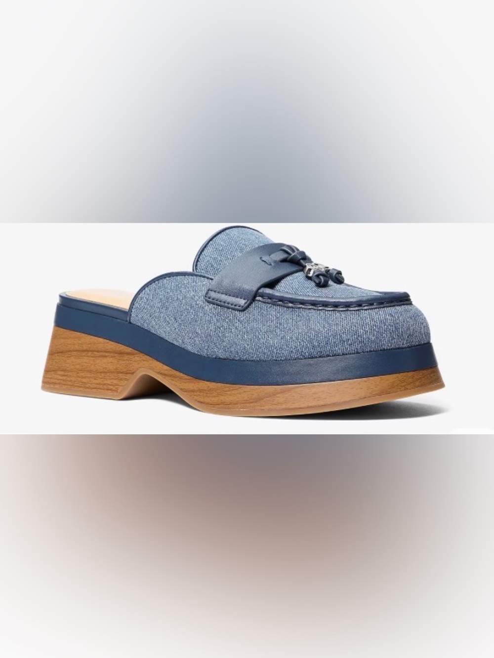Michael Kors Denim Blue Platform Clog Mules with Wood-Effect Sole: Size 7.5